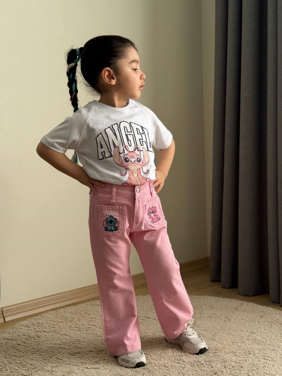 Kız Çocuk Stitch Nakışlı Tshirt Pantolon Takım - Pembe