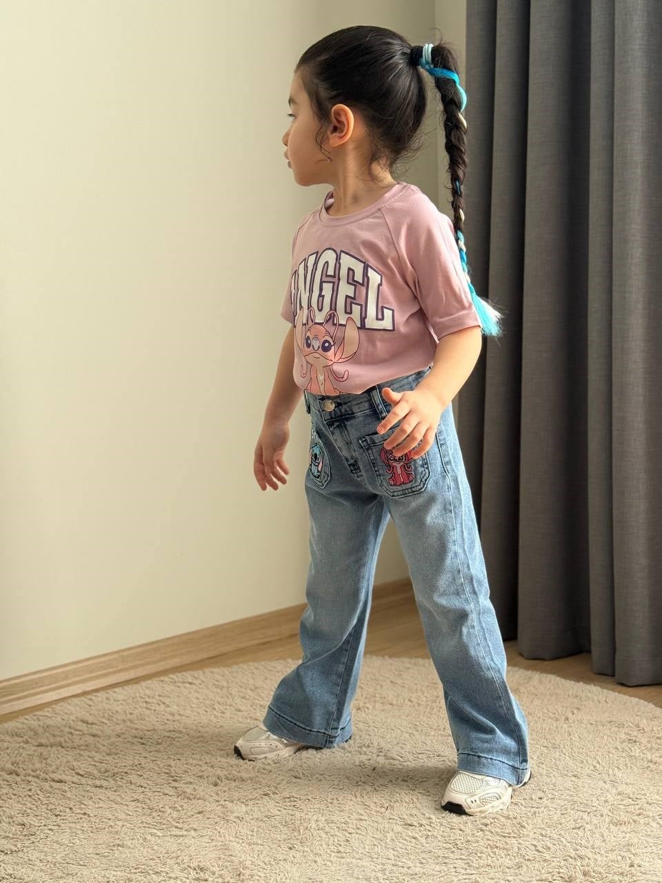 Kız Çocuk Stitch Nakışlı Tshirt Pantolon Takım - Mavi