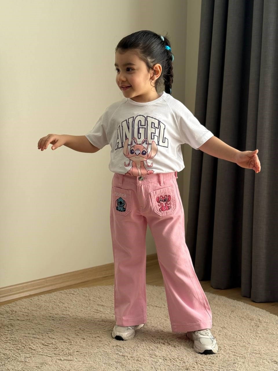Kız Çocuk Stitch Nakışlı Tshirt Pantolon Takım - Pembe