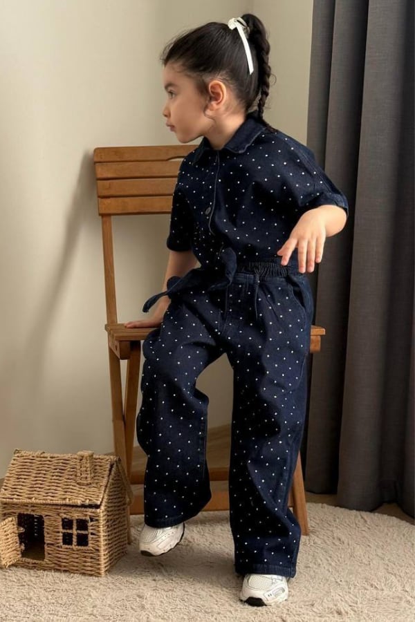 Kız Çocuk Taşlı Gömlek ve Pantolon Takım Lacivert | Noblekids