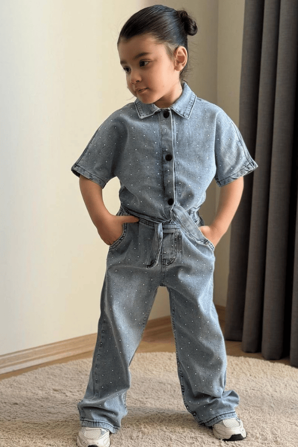 Kız Çocuk Taşlı Gömlek ve Pantolon Takım Mavi | Noblekids