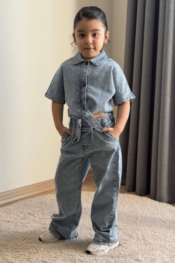 Kız Çocuk Taşlı Gömlek ve Pantolon Takım Mavi | Noblekids