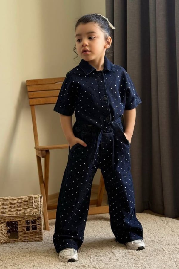 Kız Çocuk Taşlı Gömlek ve Pantolon Takım Lacivert | Noblekids