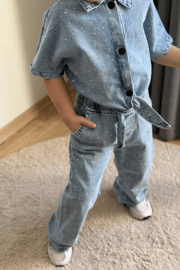 Kız Çocuk Taşlı Gömlek ve Pantolon Takım Mavi | Noblekids
