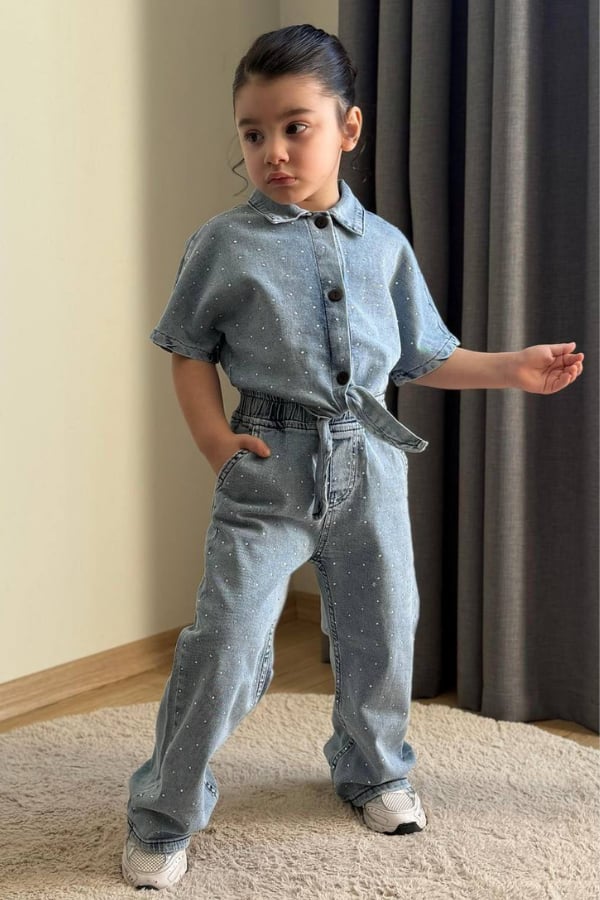 Kız Çocuk Taşlı Gömlek ve Pantolon Takım Mavi | Noblekids