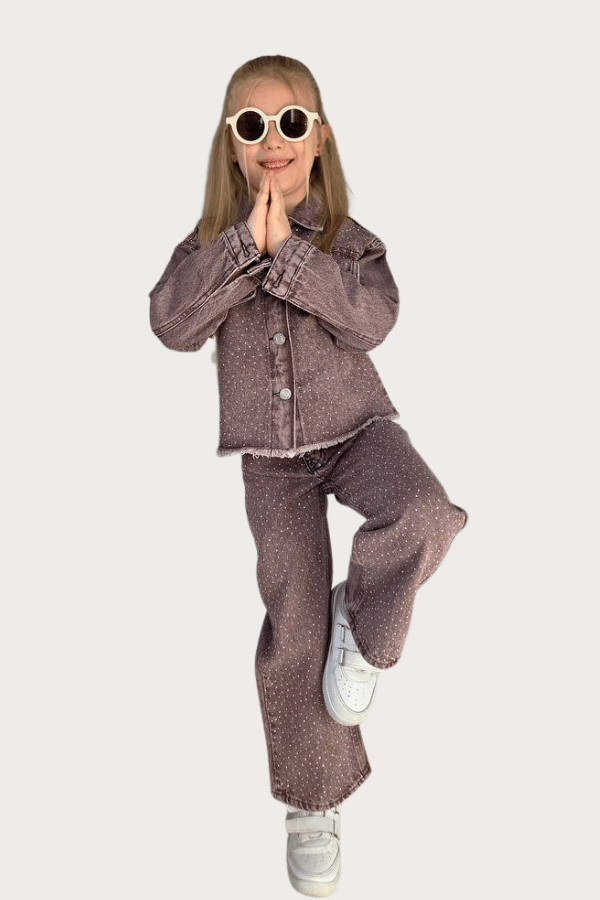 Kız Çocuk Taşlı Jean Pantolon - Ceket Takım (Kahverengi)