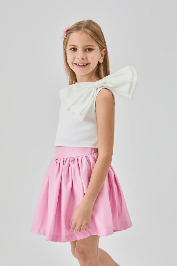 Kız Çocuk Tek Omuzlu Fiyonk Detaylı Etek Crop İkili Takım Luisa Pembe | Noblekids