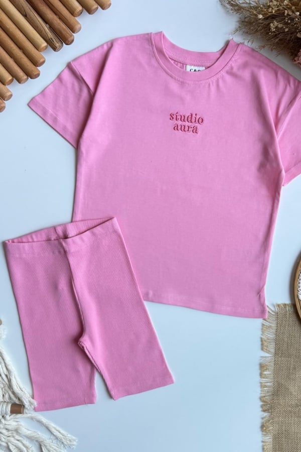 Kız Çocuk Yazı Nakışlı Tişört ve Kısa Fitilli Tayt Takım Pembe