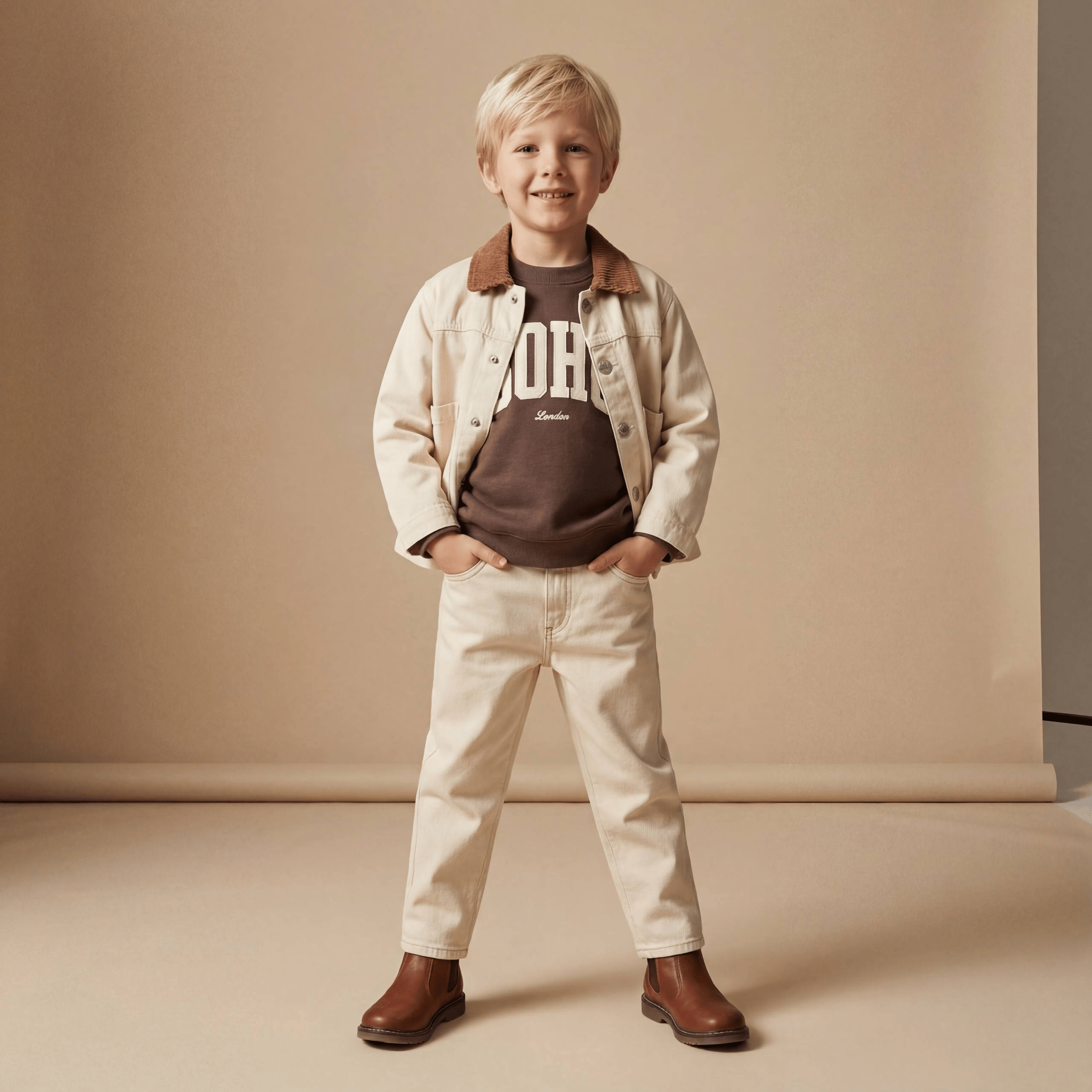 La Ciel Paris – Kadife Yakalı Bej Denim Ceket, Unisex, 2–7 Yaş