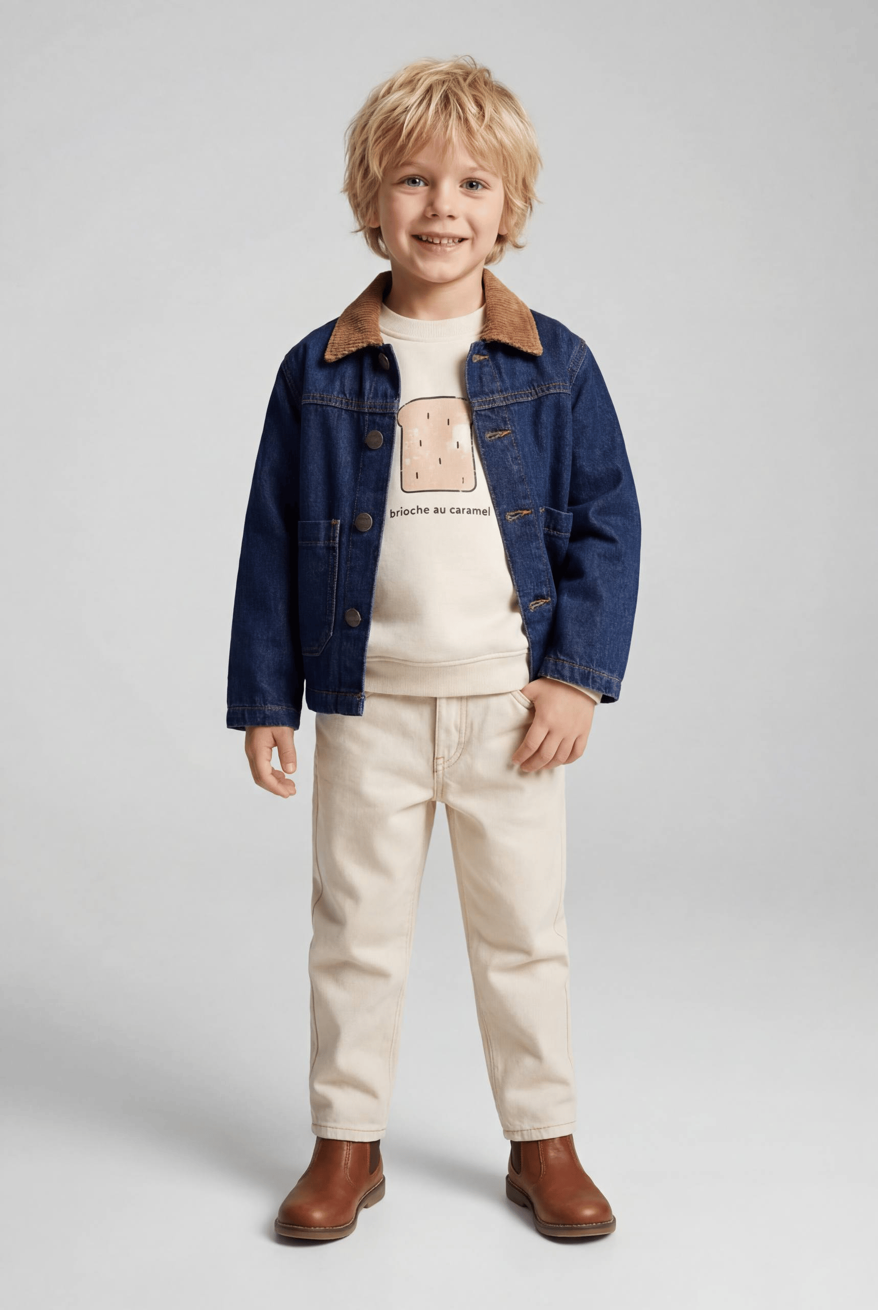 La Ciel Paris – Kadife Yakalı Lacivert Denim Ceket, Unisex, 2–7 Yaş