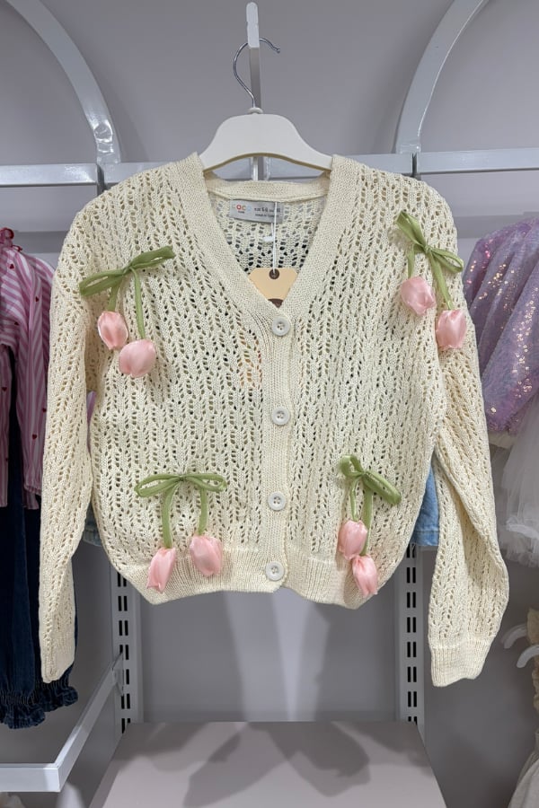 Lale Aplike Detaylı Triko Hırka ve etek takım (Pembe)