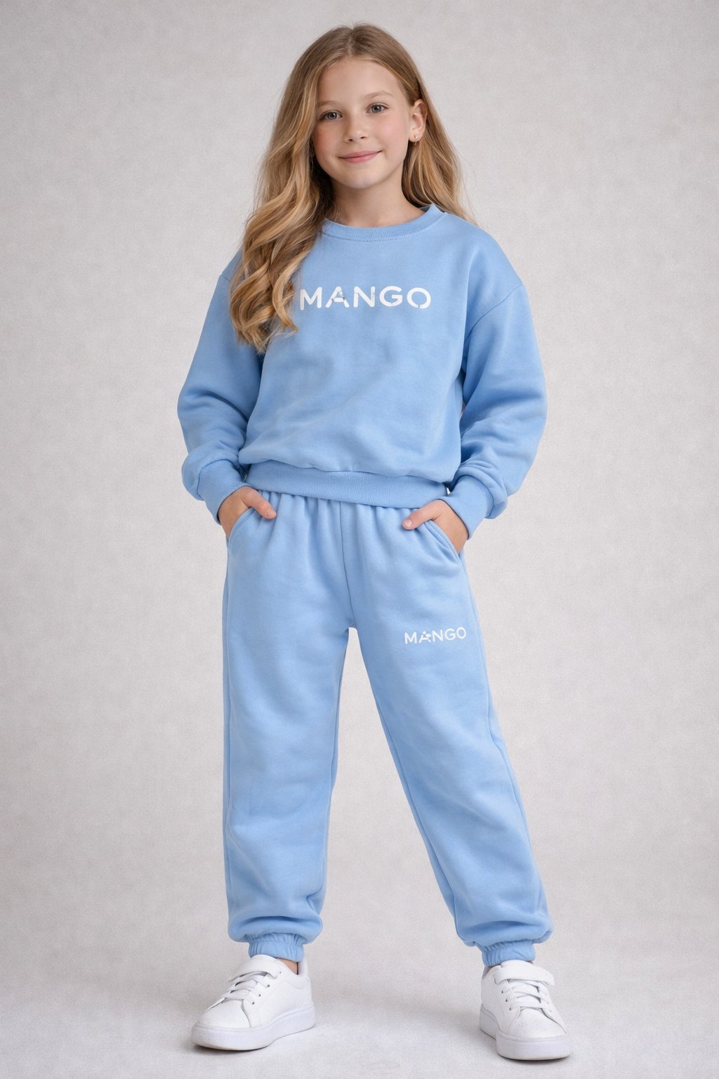 Logo Baskılı Mavi Takım – Unisex Takım 3 İplik Hafif Şardonlu, 3–12 Yaş