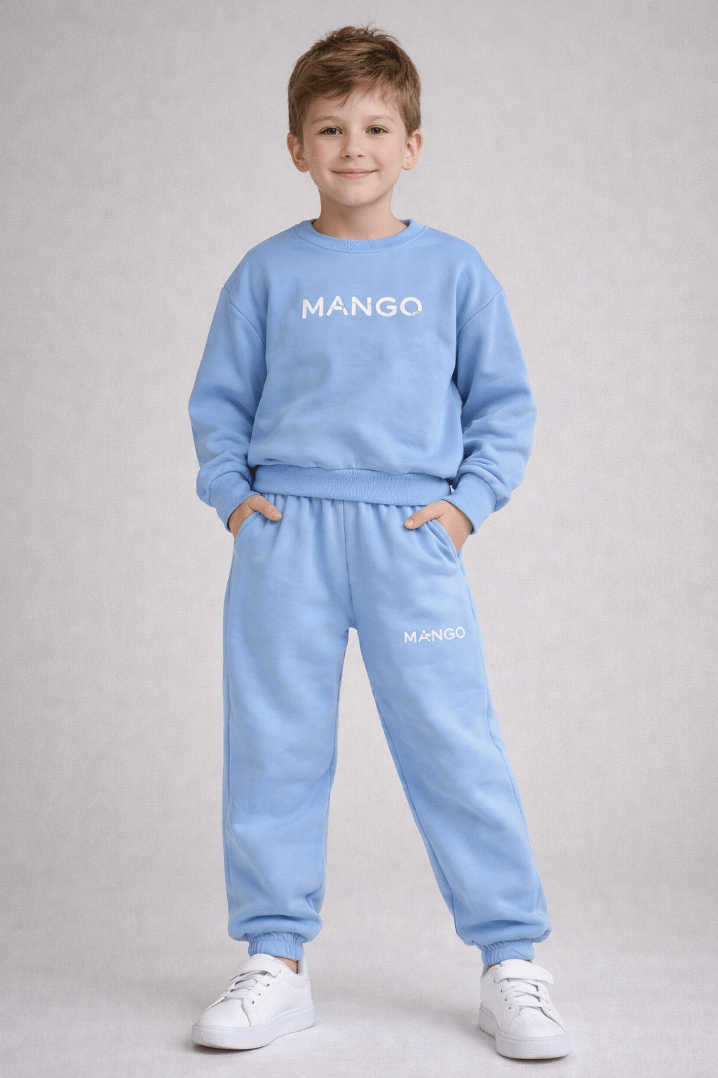 Logo Baskılı Mavi Takım – Unisex Takım 3 İplik Hafif Şardonlu, 3–12 Yaş