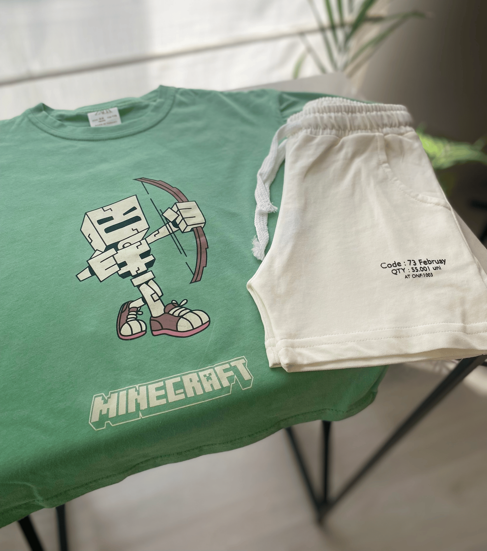 Minecraft Baskılı Yeşil Tişört ve Ekru Şort 2'li Takımı