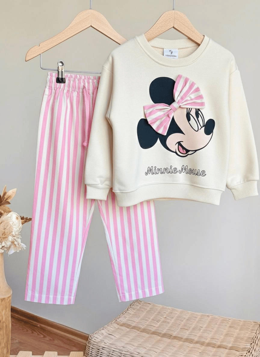 Minnie Mouse Baskılı Kurdele Detaylı Çocuk Takımı – Sweatshirt & Denim Alt