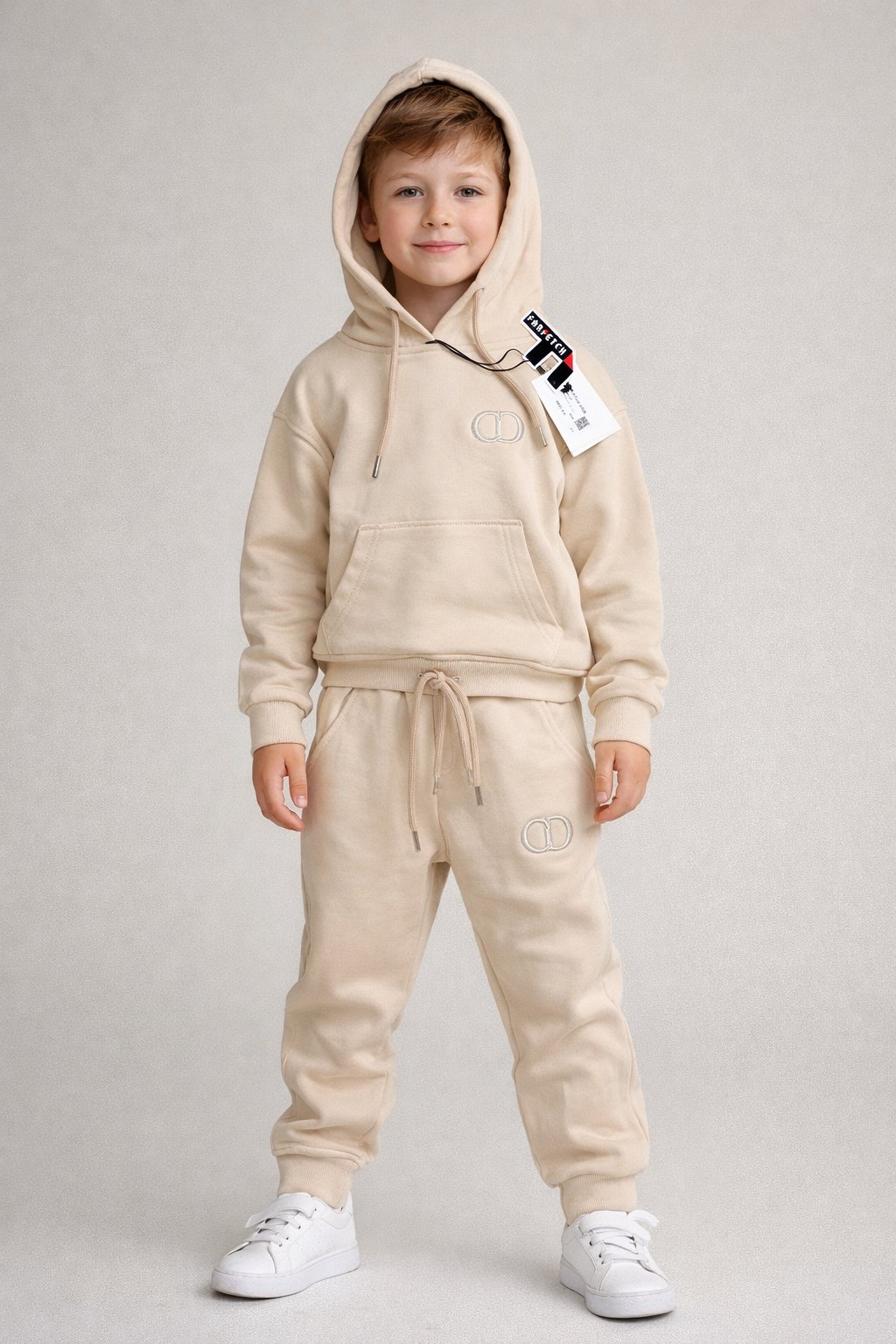 Nakış Detaylı Kapüşonlu Takım – Krem, Unisex, 2–13 Yaş