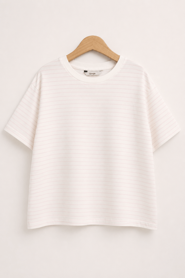 Pudra Çizgili Oversize Crop Tişört