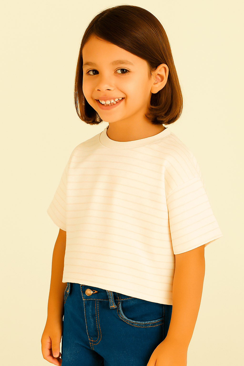Pudra Çizgili Oversize Crop Tişört