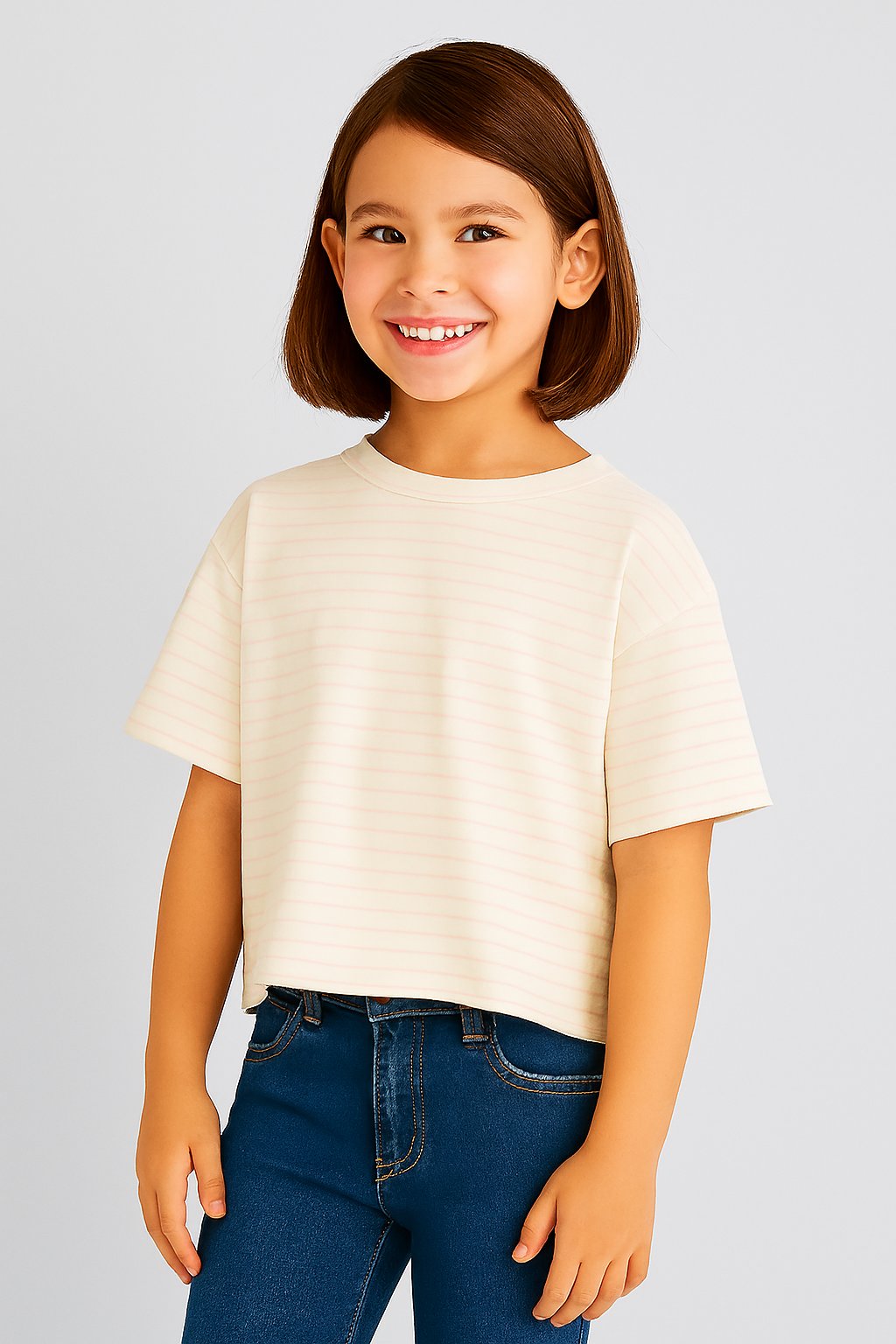 Pudra Çizgili Oversize Crop Tişört