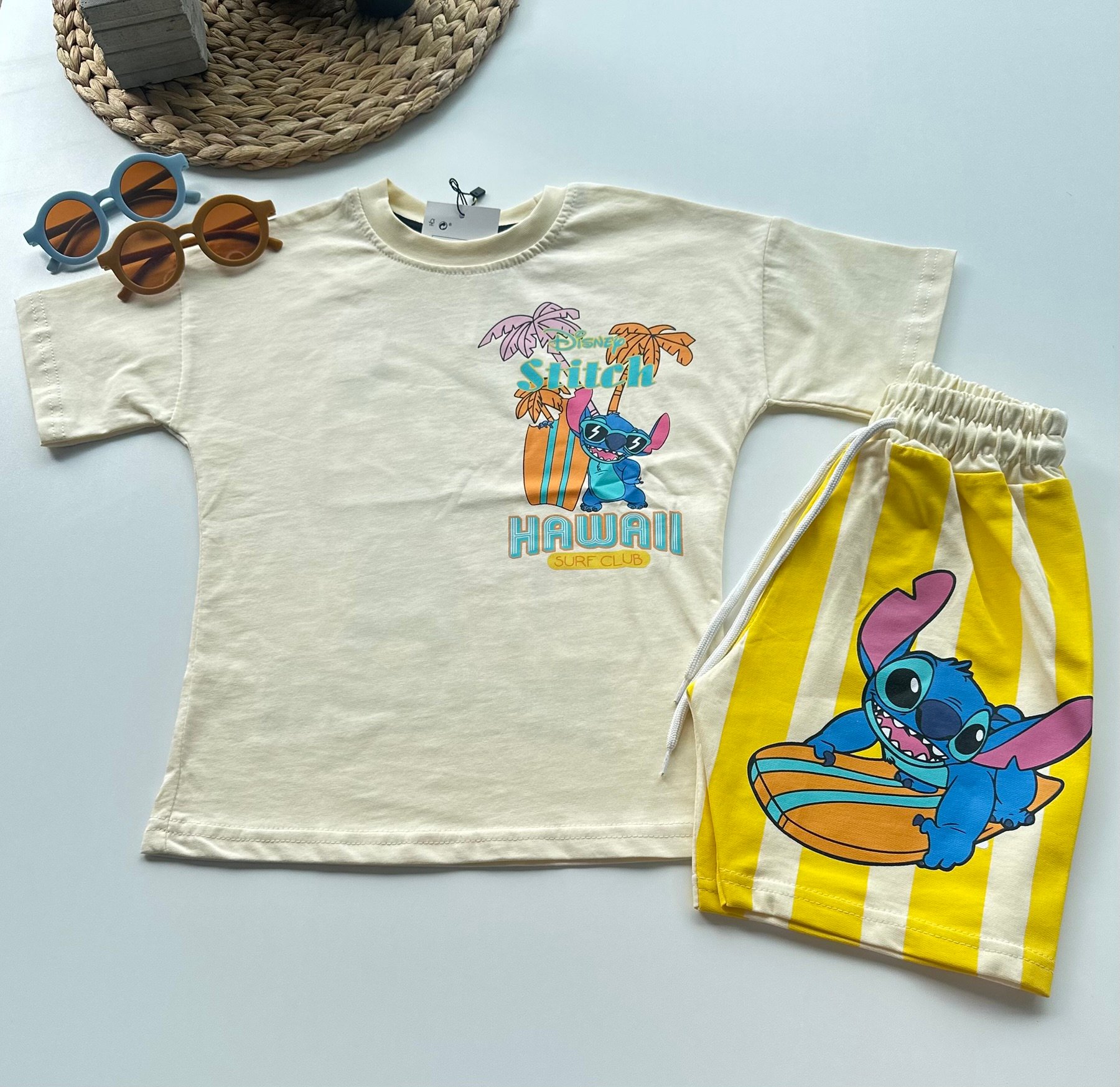 Stitch Hawaii Baskılı Sarı Şortlu Takım