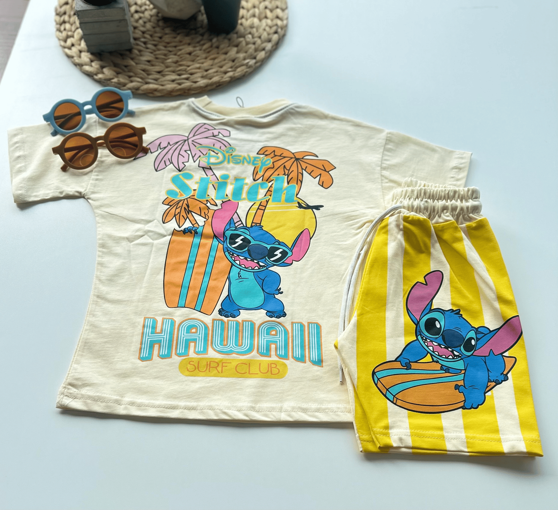 Stitch Hawaii Baskılı Sarı Şortlu Takım