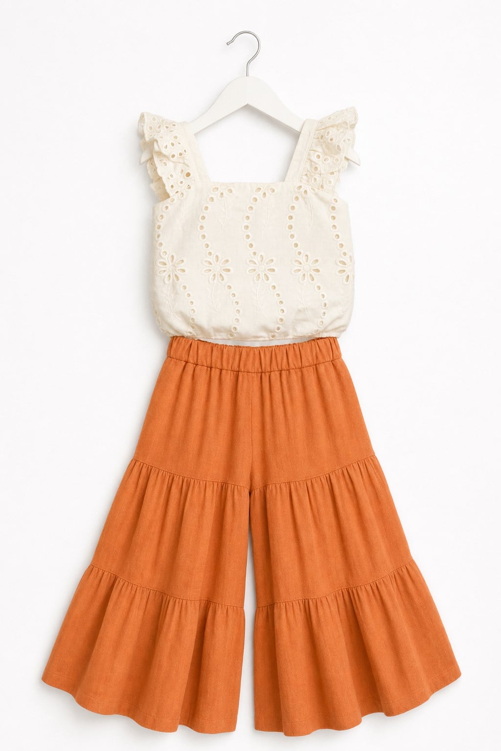SweetMe Kız Çocuk Dantel Detaylı Crop Bluz ve Pantolon Takım Bej