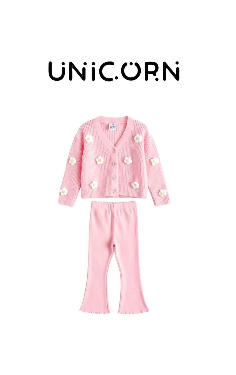 Unicorn Çiçek Aplikeli Triko Yelek & Tayt Takımı – Pembe, Kız Çocuk, 2–8 Yaş