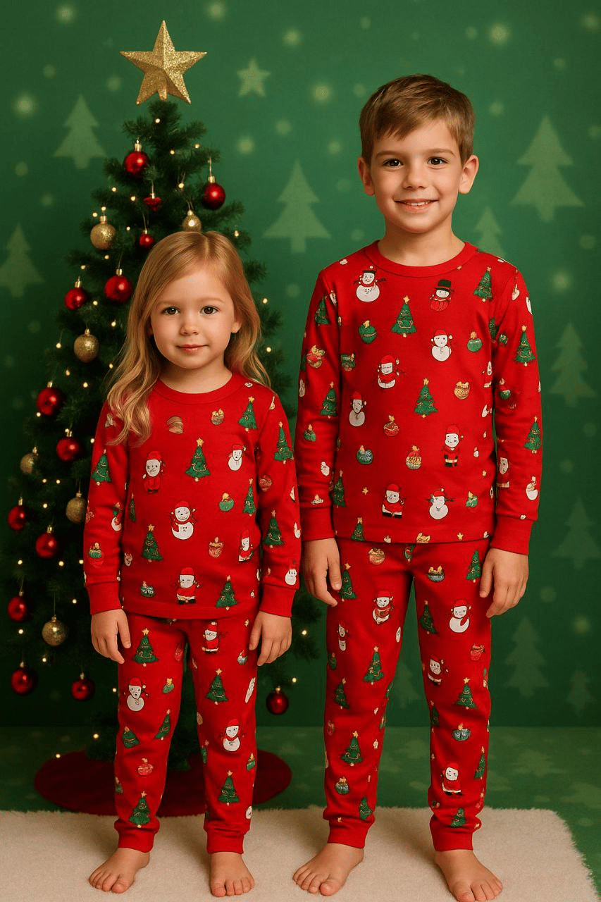 Yeni Yıl Temalı Kırmızı Pijama Takımı – Çocuk, 3–8 Yaş