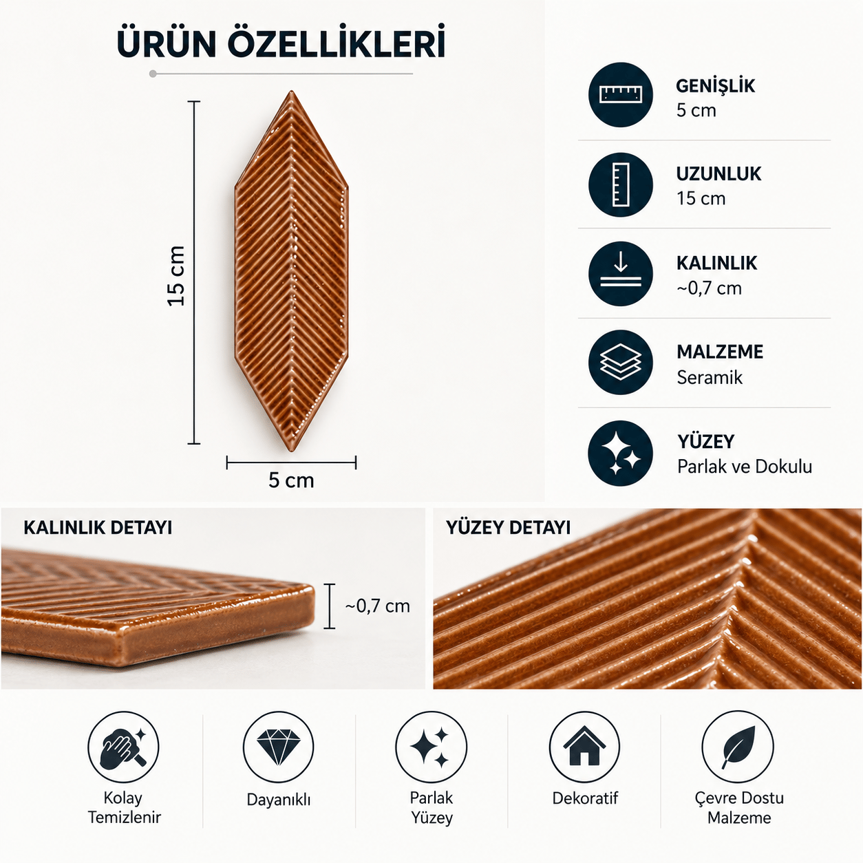 Armada Çini 05X15 Cm Çizgili Yaprak  Karamel Seramik