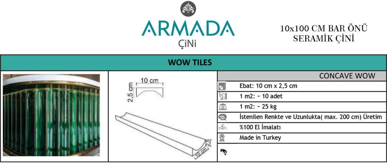 Armada Çini 10X101 Bar Önü Metal Antrasit Çini Seramik