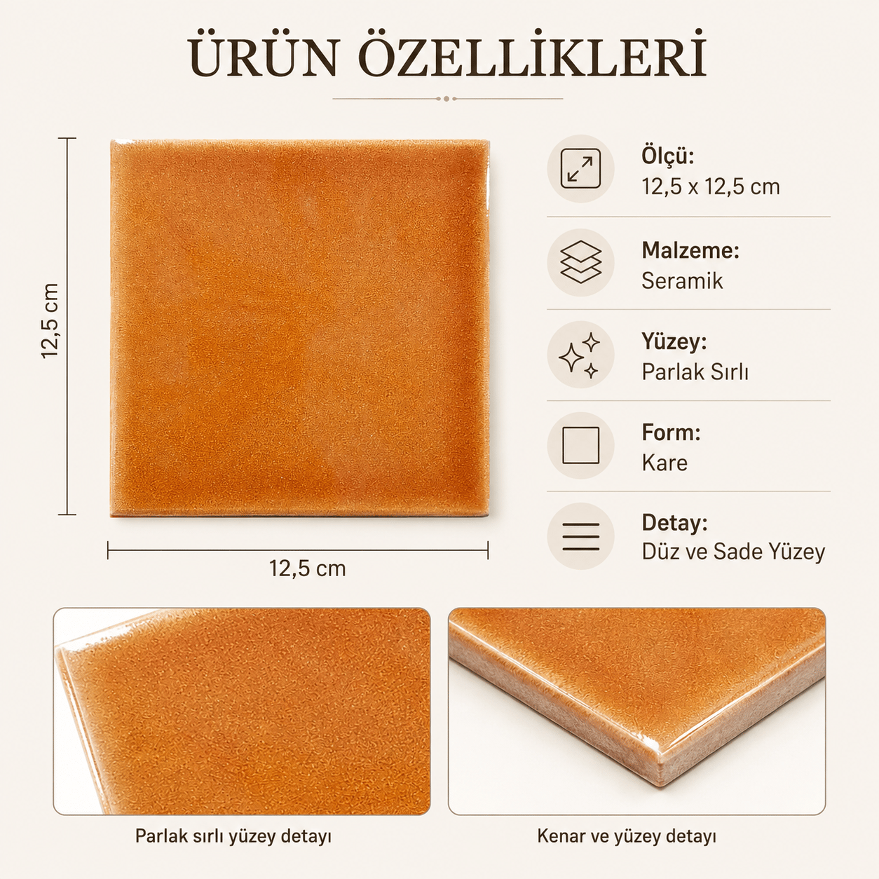 Armada Çini 12,5x12,5 Cm Düz Karamel Çini Seramik Karo