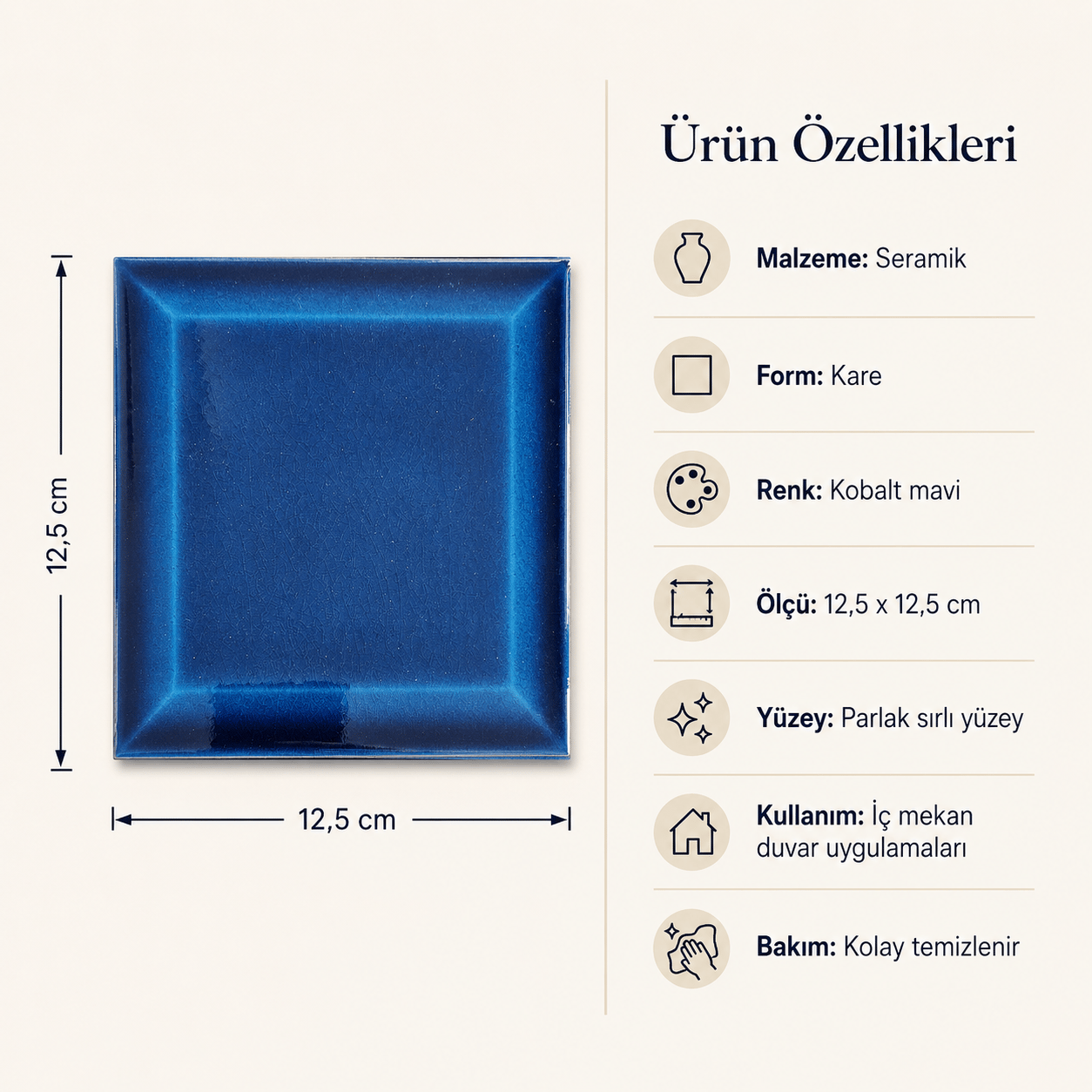 Armada Çini 12,5x12,5 Cm Metro Petrol Mavisi Çini Seramik Karo