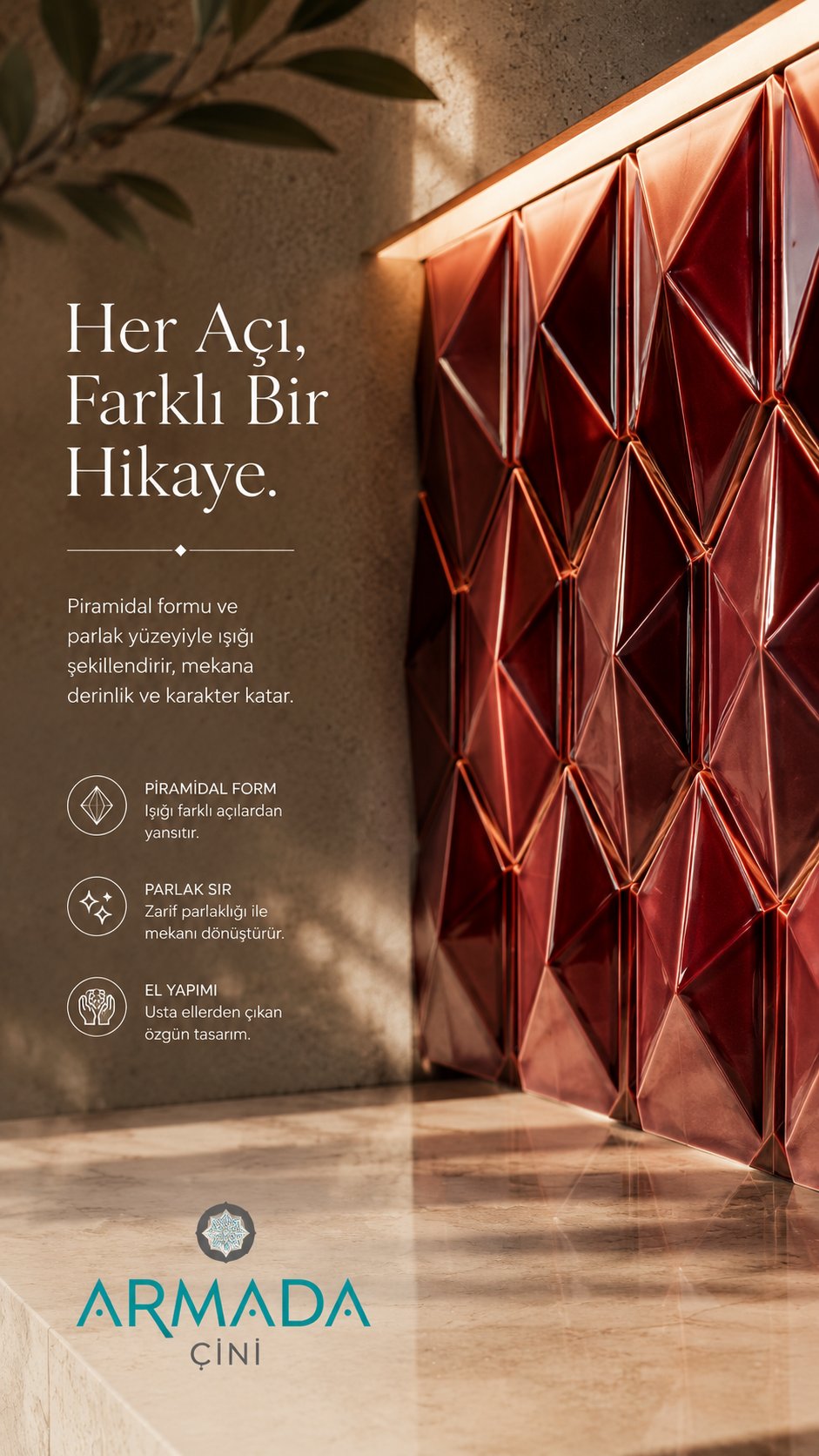Armada Çini 12,5x25 Cm Bordo Diamond Piramit Altıgen Çini Seramik