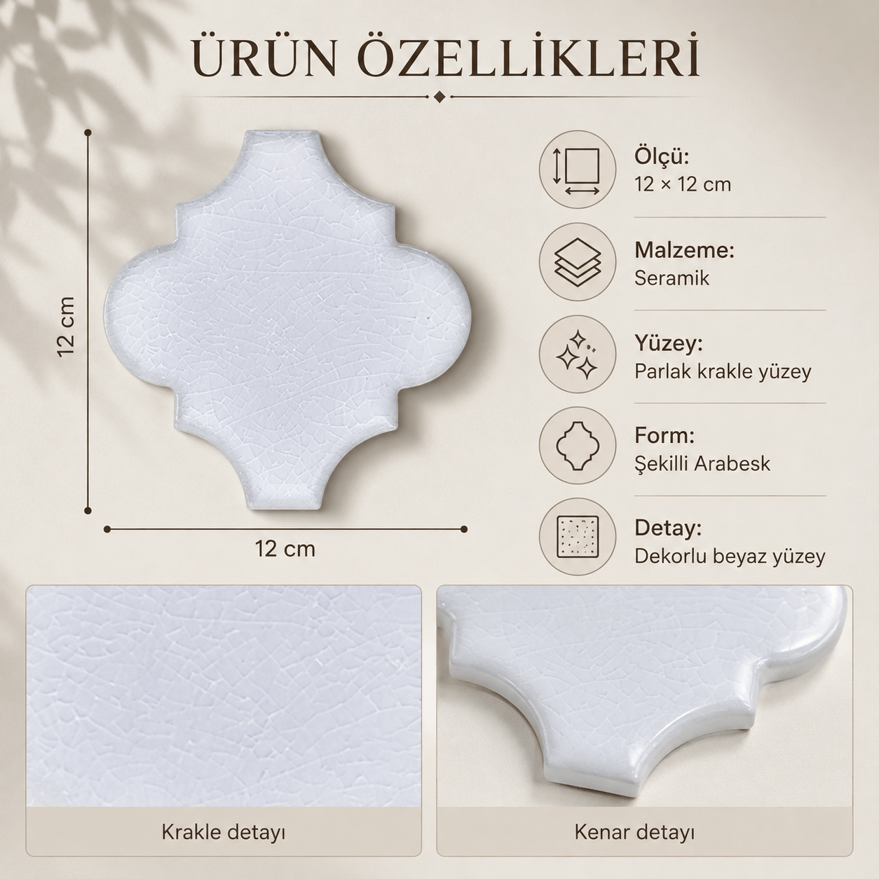Armada Çini 12x12 Ottoman Düz Arabesk Beyaz Çini