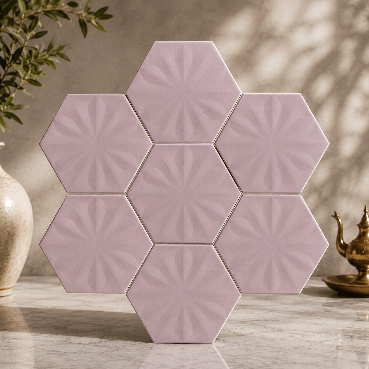 Armada Çini 15x17 Cm Çiçekli Açık Pembe Altıgen Seramik 
