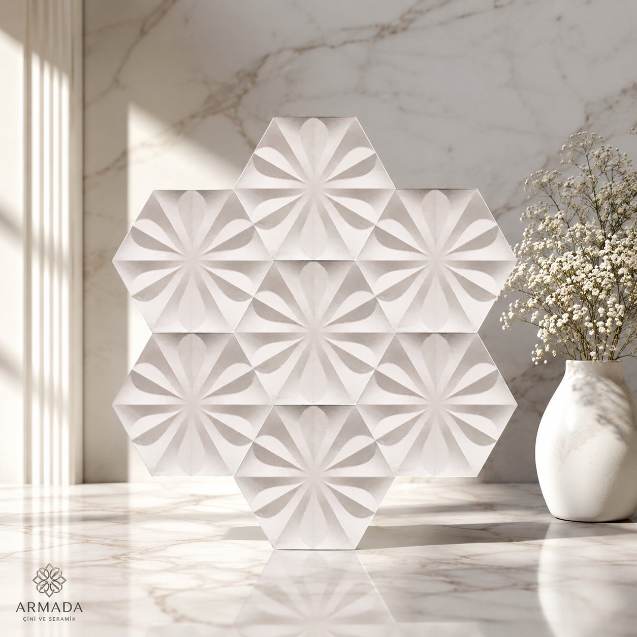 Armada Çini 15x17 Cm Çiçekli Beyaz Altıgen Seramik