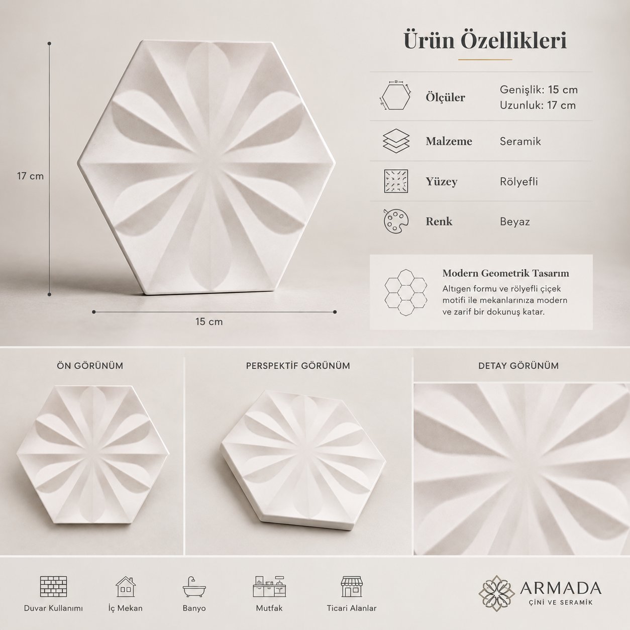 Armada Çini 15x17 Cm Çiçekli Beyaz Altıgen Seramik