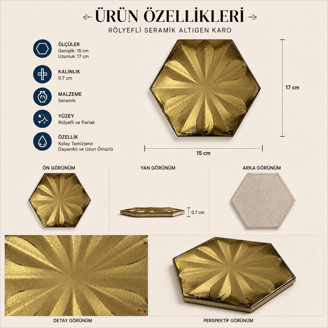 Armada Çini 15x17 Cm Çiçekli Bronz Altıgen Seramik 