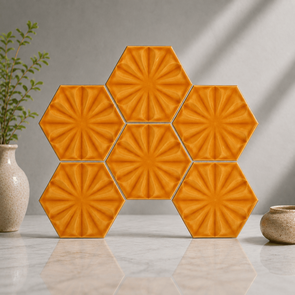 Armada Çini 15x17 Cm Çiçekli Karamel Altıgen Seramik