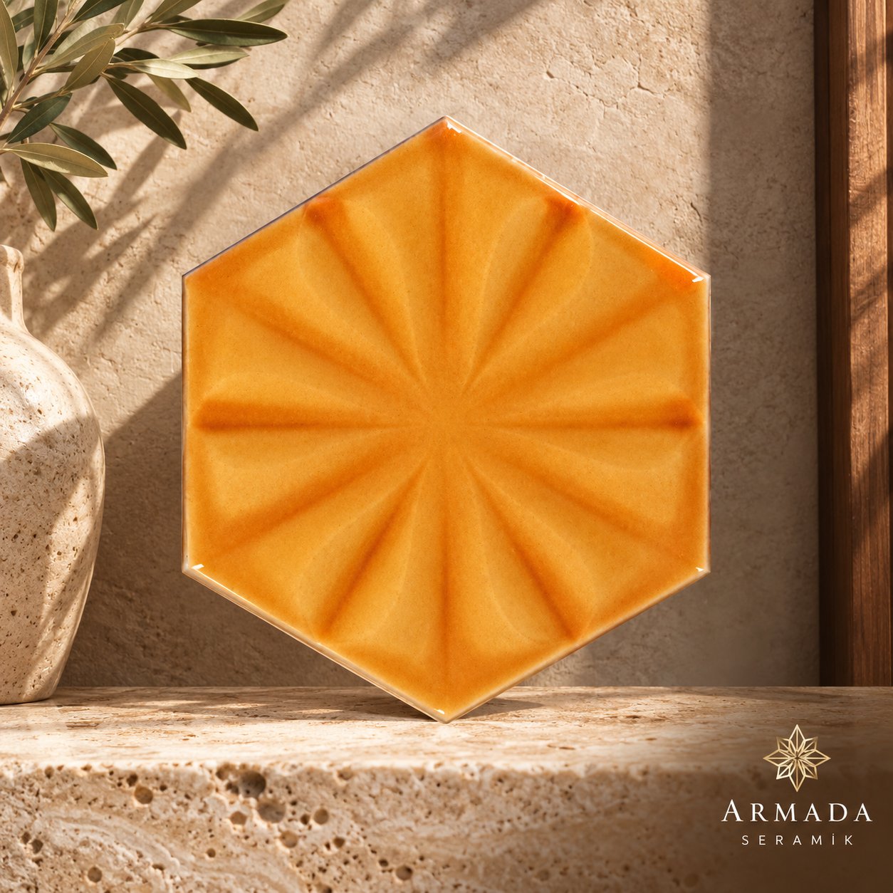 Armada Çini 15x17 Cm Çiçekli Karamel Altıgen Seramik