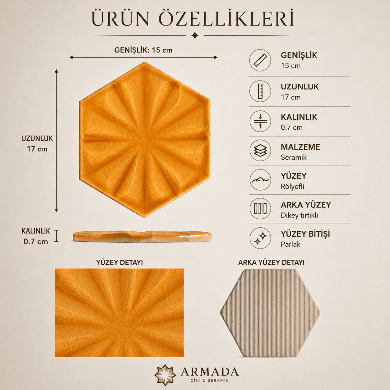 Armada Çini 15x17 Cm Çiçekli Karamel Altıgen Seramik
