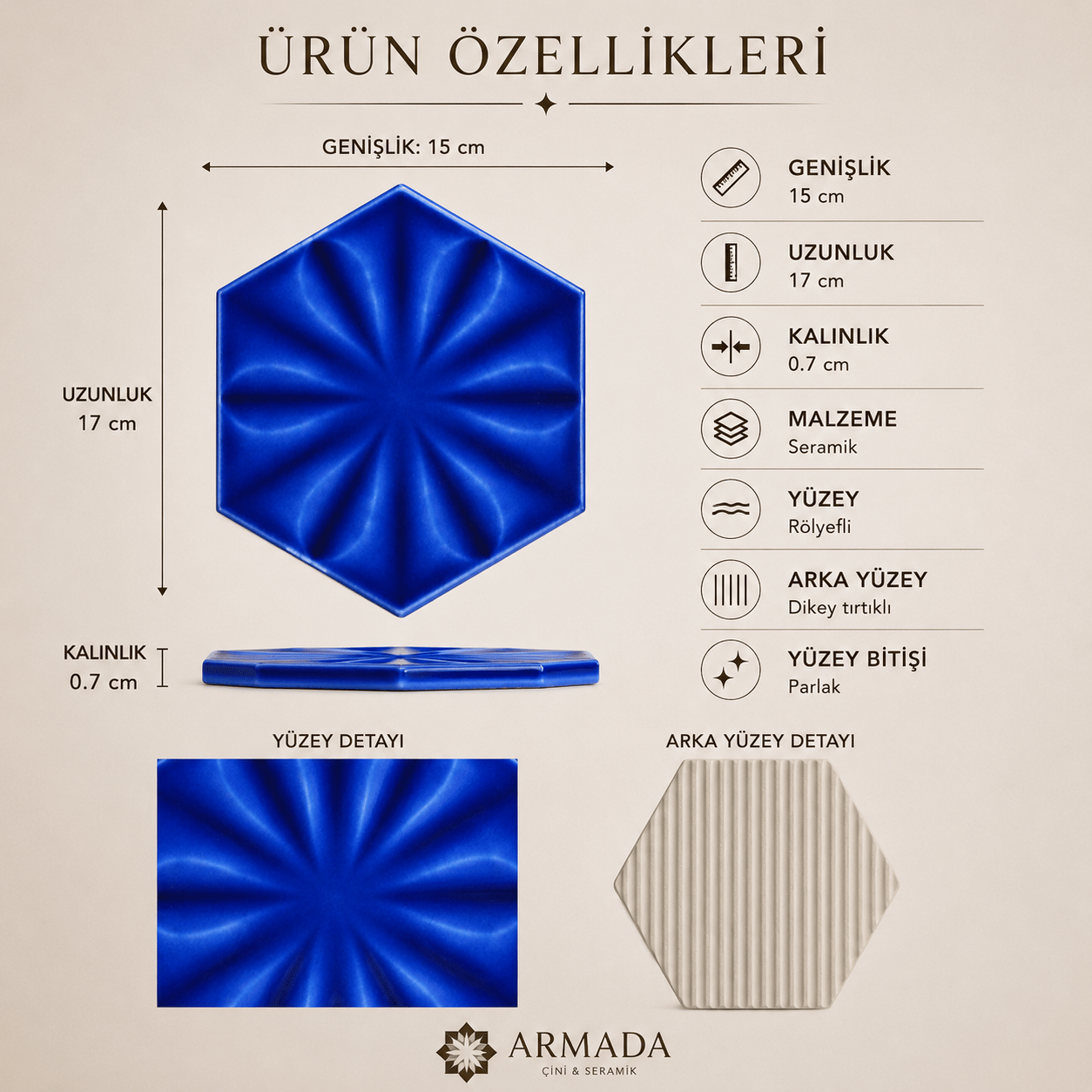 Armada Çini 15x17 Cm Çiçekli Kobalt Altıgen Seramik