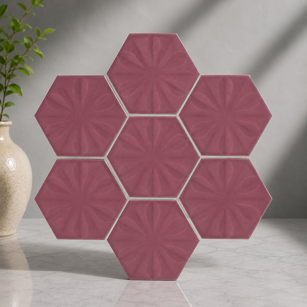 Armada Çini 15x17 Cm Çiçekli Koyu Pembe Altıgen Seramik 