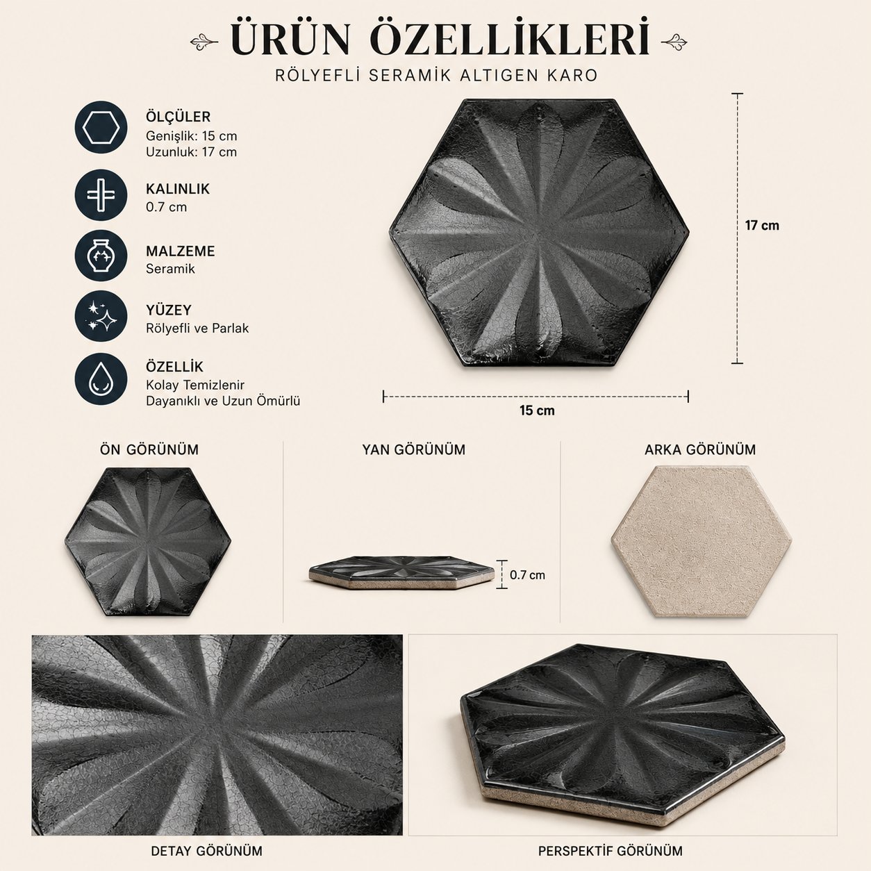 Armada Çini 15x17 Cm Çiçekli Mat metalik Altıgen Seramik 