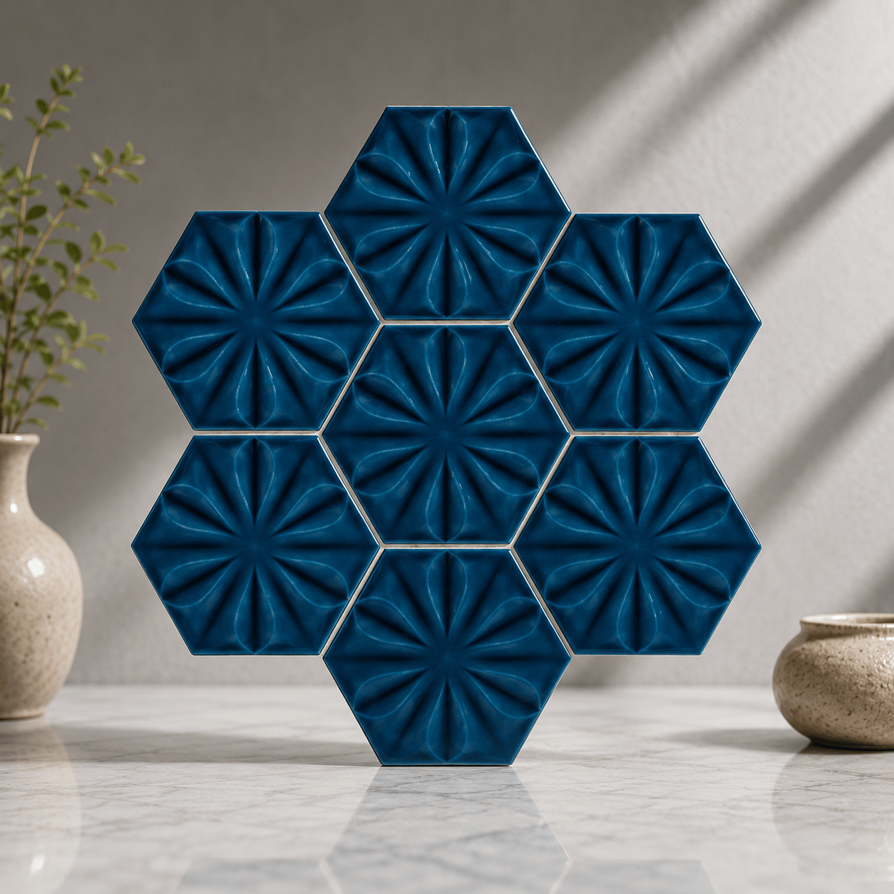 Armada Çini 15x17 Cm Çiçekli Petrol mavisi Altıgen Seramik 