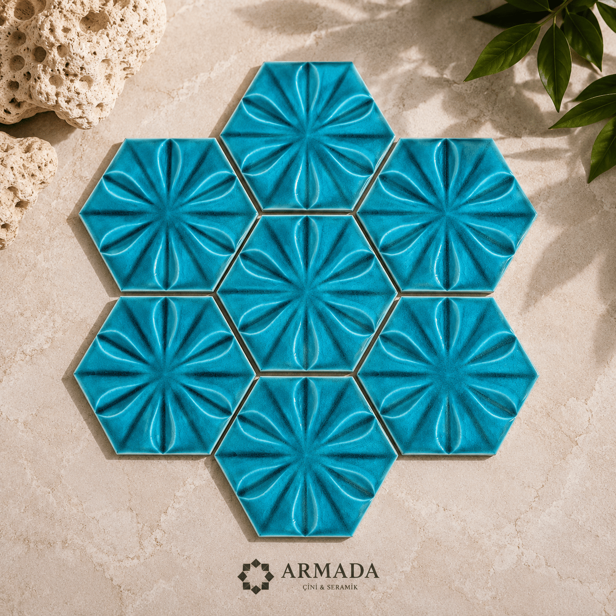 Armada Çini 15x17 Cm Çiçekli TurkuazAltıgen Seramik