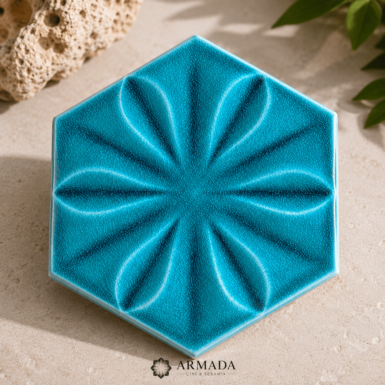 Armada Çini 15x17 Cm Çiçekli TurkuazAltıgen Seramik