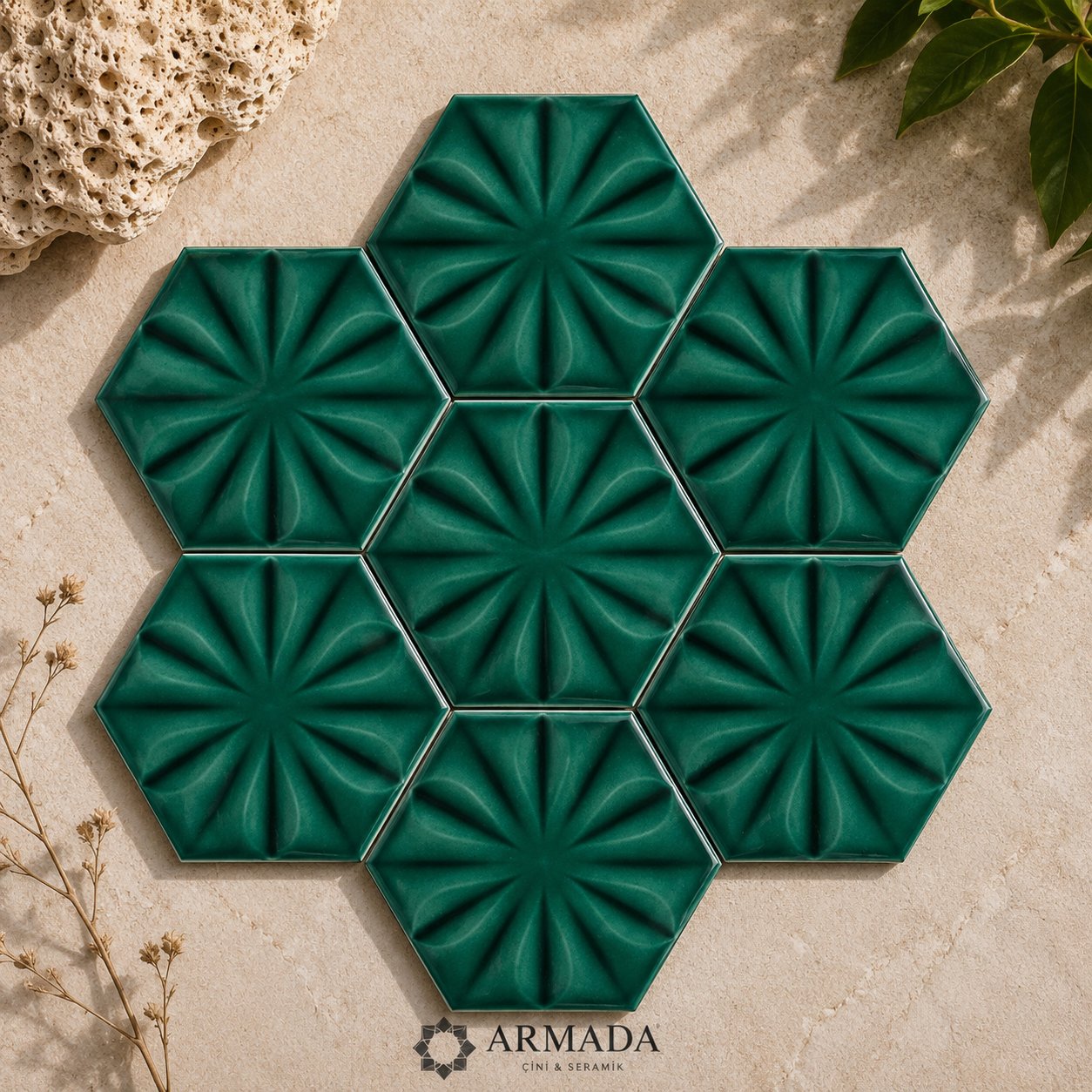 Armada Çini 15x17 Cm Çiçekli Yeşil Altıgen Seramik