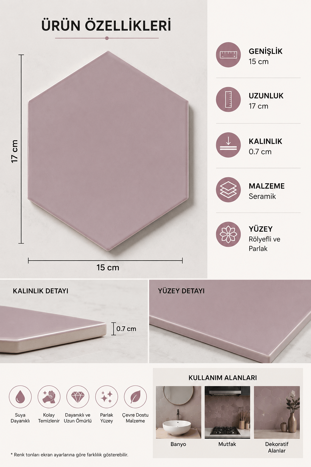 Armada Çini 15x17 Cm Düz Açık Pembe Altıgen Seramik 