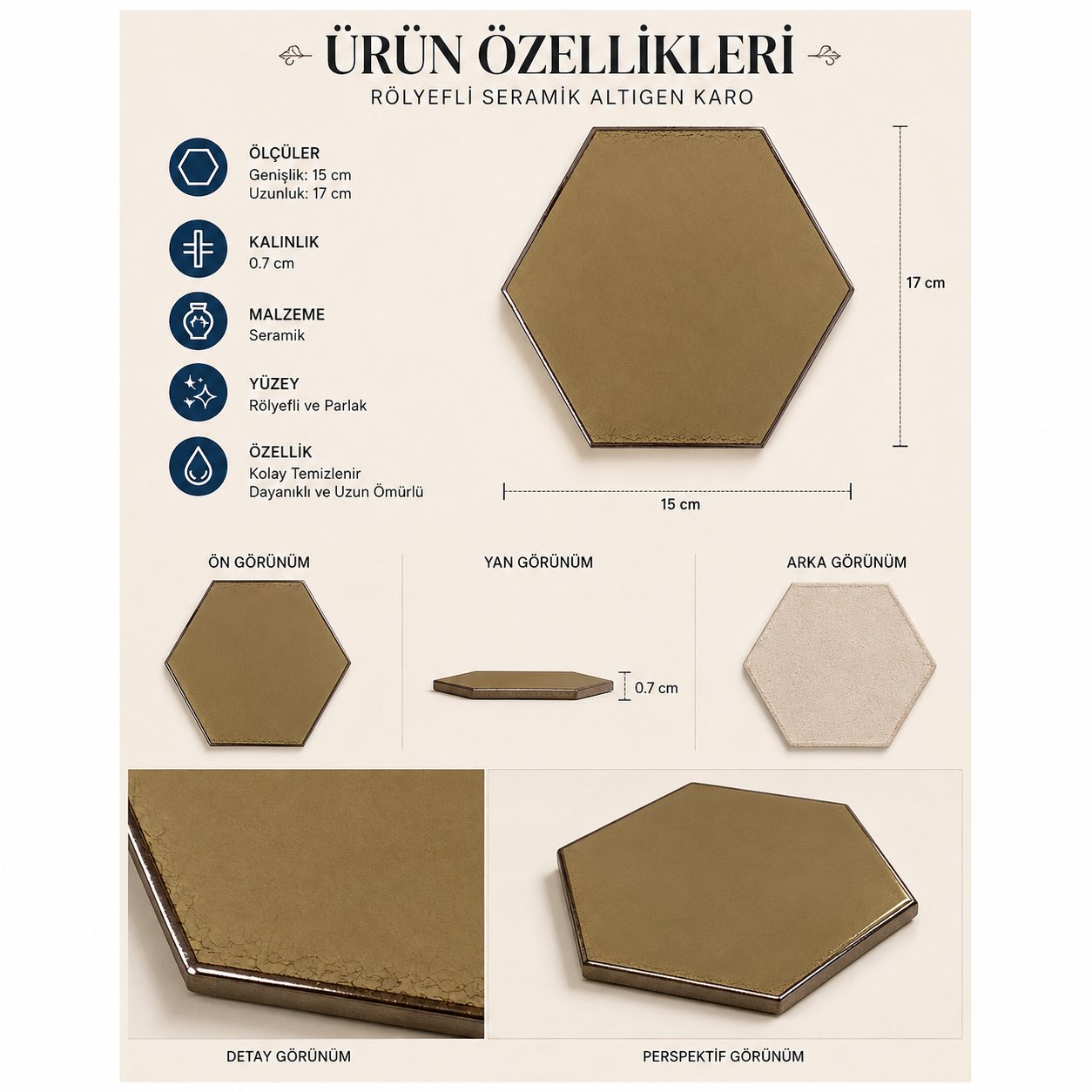 Armada Çini 15x17 Cm Düz Bronz Altıgen Seramik